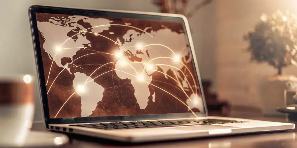 A world map on a laptop screen highlighting international SEO connections between the US and Canada.