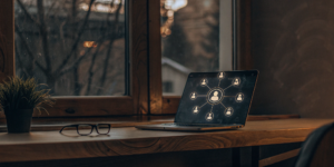 Laptop with social media icons on a desk, used to protect your professional reputation online.