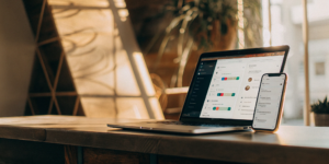 Structuring social media content on a laptop and smartphone to optimize for algorithms.