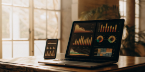 Planning a 2026 social media marketing strategy using analytics dashboards on a laptop and phone.