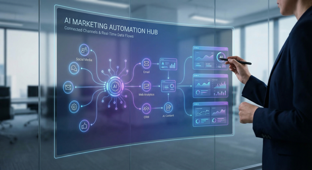 AI marketing automation dashboard showing connected channels and data flows
