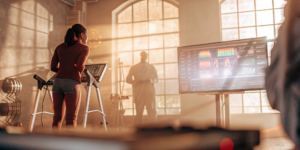 Woman creating SportsTech content by analyzing fitness data on a screen.
