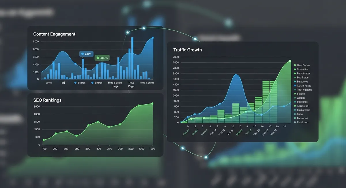 AI content performance analytics dashboard showing SEO rankings and traffic growth