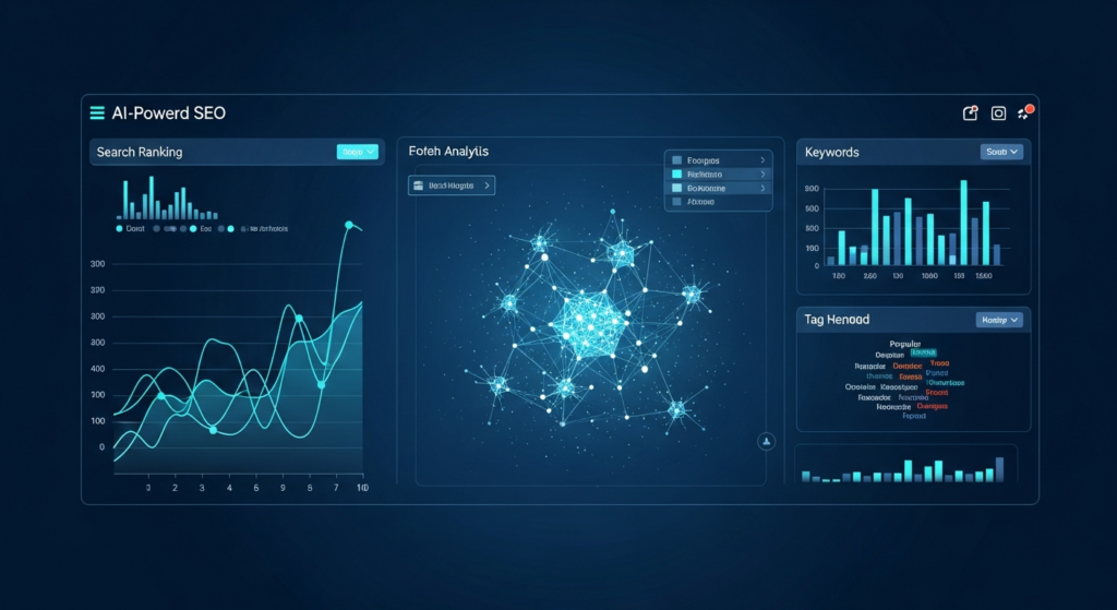 AI SEO tools dashboard showing automated keyword research and ranking analytics