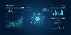 AI SEO tools dashboard showing automated keyword research and ranking analytics