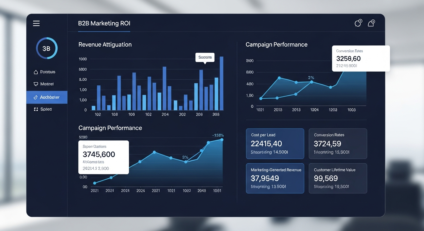 B2B marketing ROI dashboard with revenue attribution and campaign performance metrics