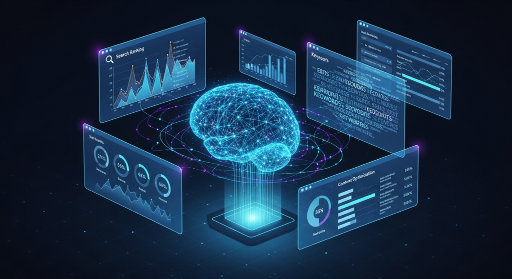 AI-powered SEO automation brain with holographic search ranking dashboards and keyword analytics