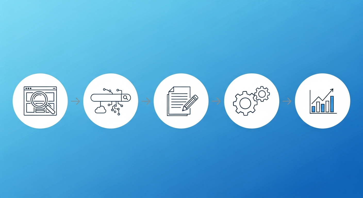 Five-step AI SEO workflow showing website audit, keyword research, content creation, technical SEO, and rank tracking
