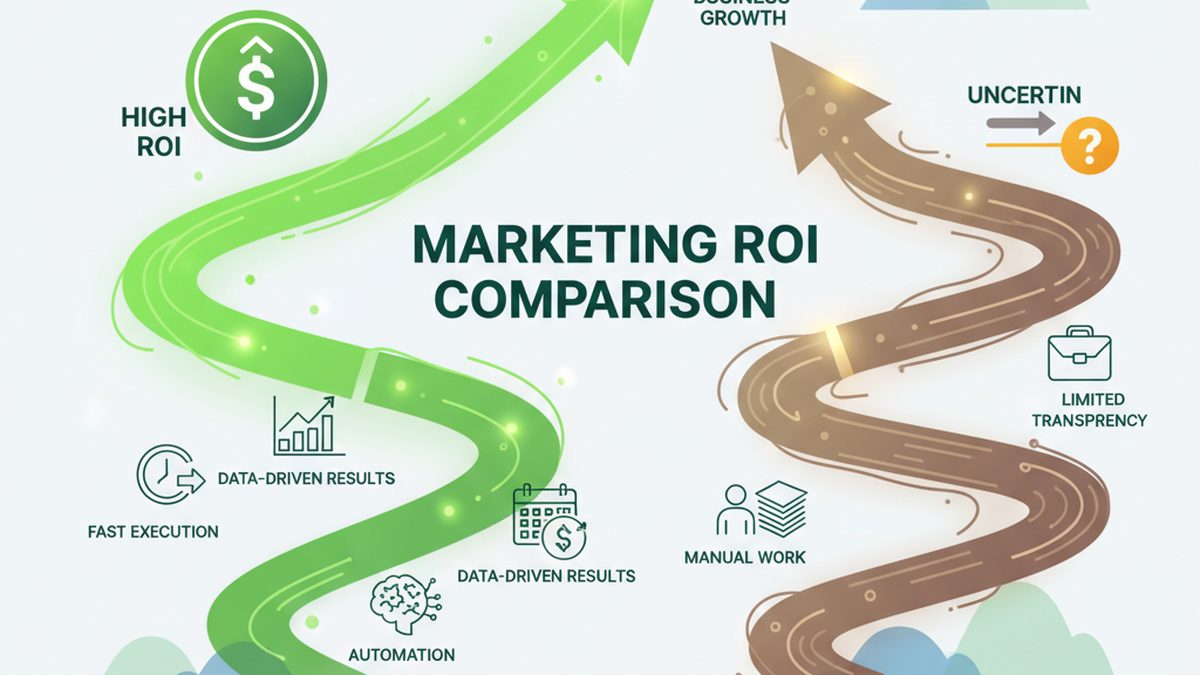 ROI comparison between AI marketing platform and traditional agency showing cost and performance differences