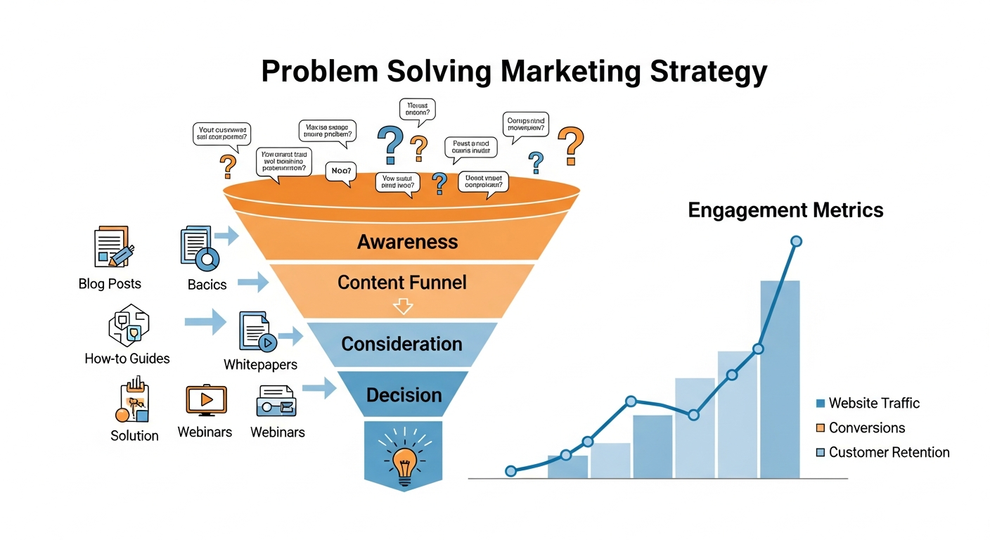 Problem-solving content marketing funnel showing customer questions flowing through helpful content to solutions