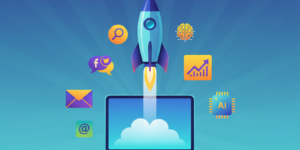 Startup marketing strategy illustration showing a rocket launching from a laptop surrounded by digital marketing icons including search, social media, email, analytics, and AI