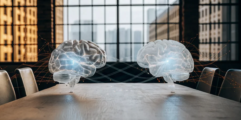 The human brain's hardwired connection and trust in AI, shown as two connected digital brains.