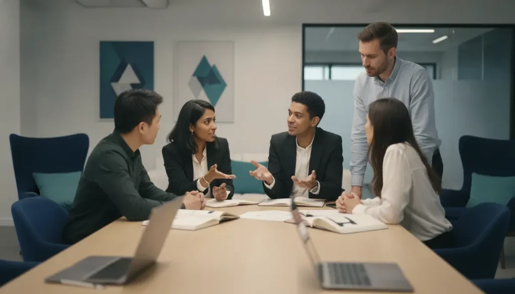 Marketing team collaborating on an AI content optimization workflow
