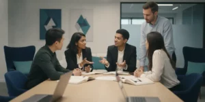 Marketing team collaborating on an AI content optimization workflow