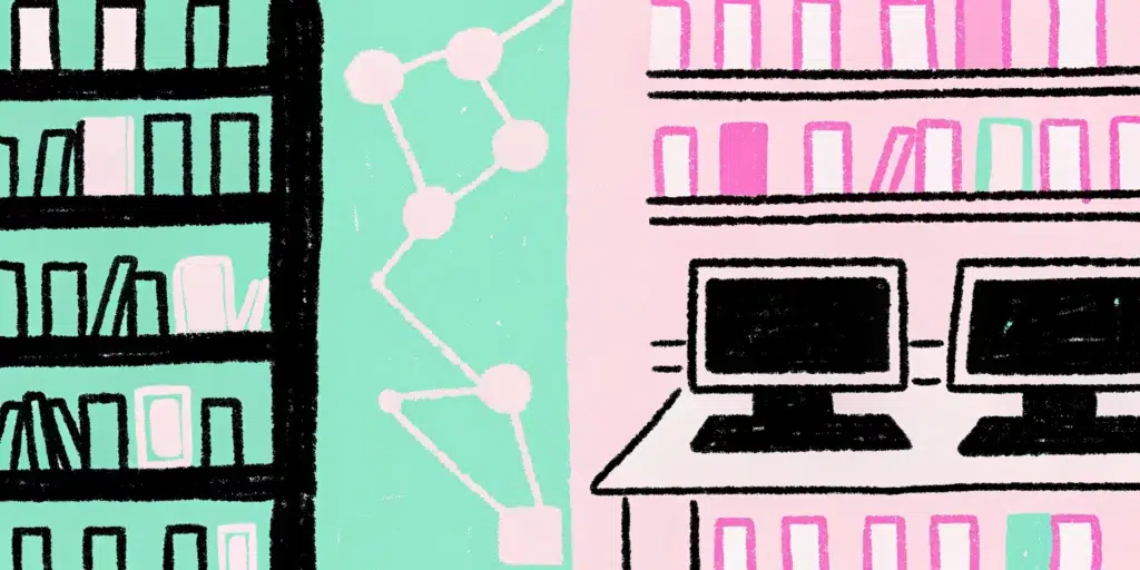 Split scene showing a traditional library on one side and a glowing futuristic AI interface on the other, representing the evolution of search optimization