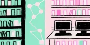 Split scene showing a traditional library on one side and a glowing futuristic AI interface on the other, representing the evolution of search optimization