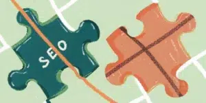 Two puzzle pieces interlocking representing SEO and Content Marketing working together with glowing connections