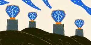 Futuristic digital landscape showing AI-powered search engines as glowing crystalline structures with data flowing upward