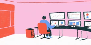 Professional observing automated website performance analytics on a large futuristic display in a modern technology office