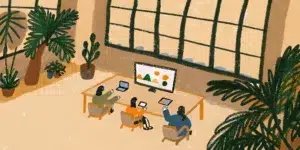 SaaS marketing team reviewing growth analytics on a large screen in a bright modern office