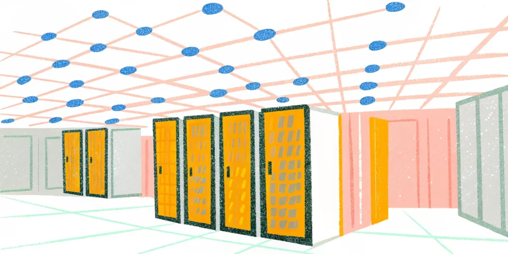 Data center server room with blue network connections representing AI infrastructure