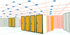 Data center server room with blue network connections representing AI infrastructure