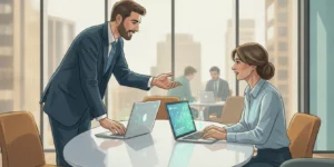Financial advisors reviewing a growth strategy in a modern office