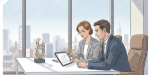 Financial advisor and business clients reviewing documents at a desk in a bright modern office