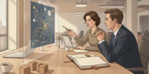 Two financial advisors reviewing analytics and strategy on a modern office desk